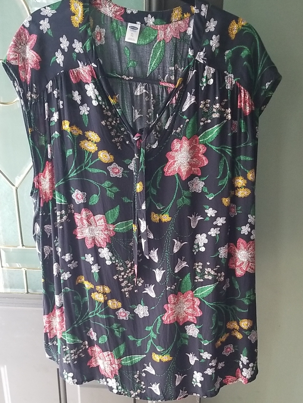 Women’s Floral Tie-Neck Blouse - Black / Pink / Green